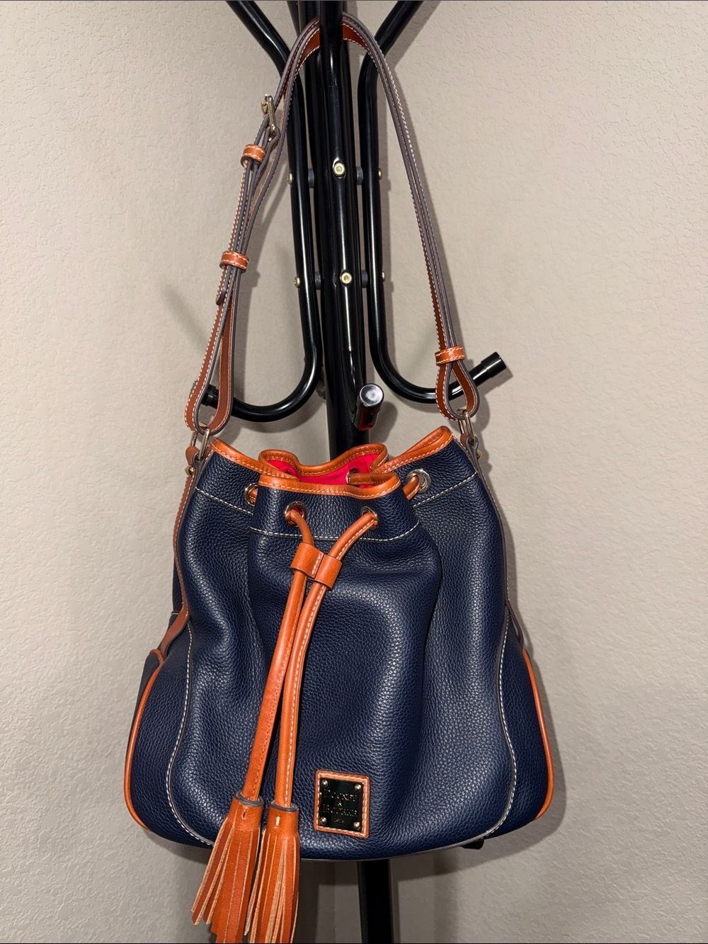 Dooney & Bourke Navy Pebble Leather Drawstring Bucket Shoulder